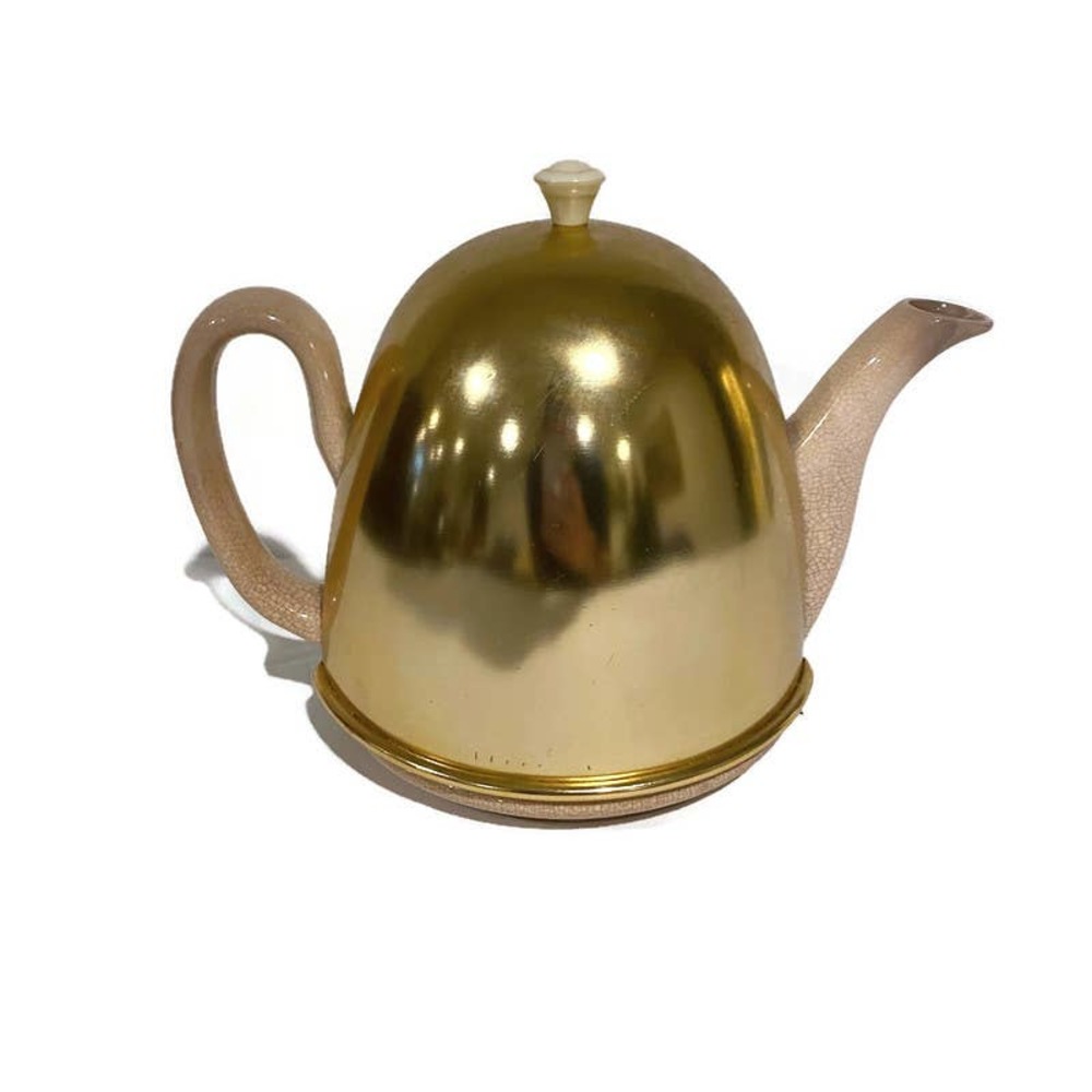 Vintage Hall Teapot with Metal Gold Colored Cozy Cover